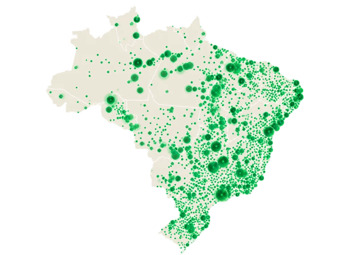 Mapa do Brasil com pontos verdes mostrando propriedades com Dunamis em todas as regiões