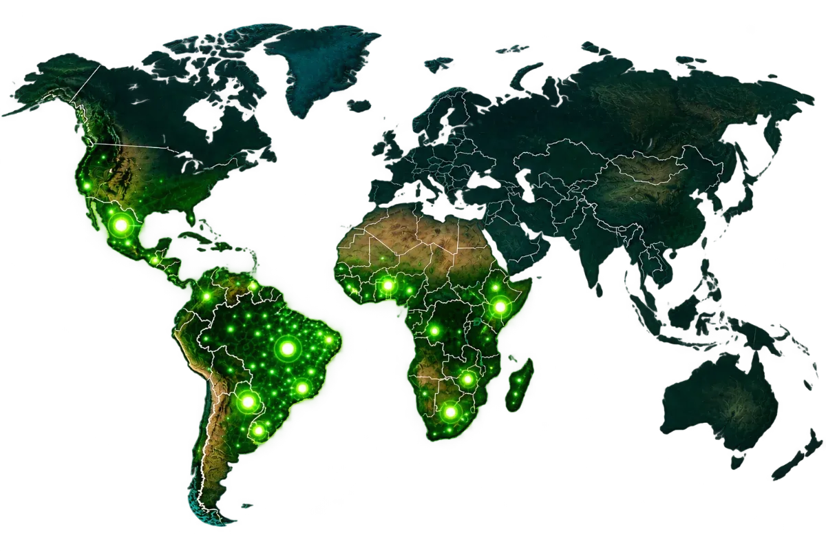 Mapa-múndi com pontos verdes nas regiões tropicais onde a Dunamis pode chegar