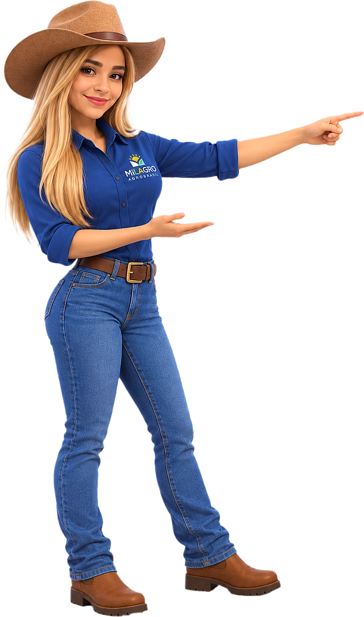 Mila, assistente virtual da Milagro, apontando para o texto ao lado